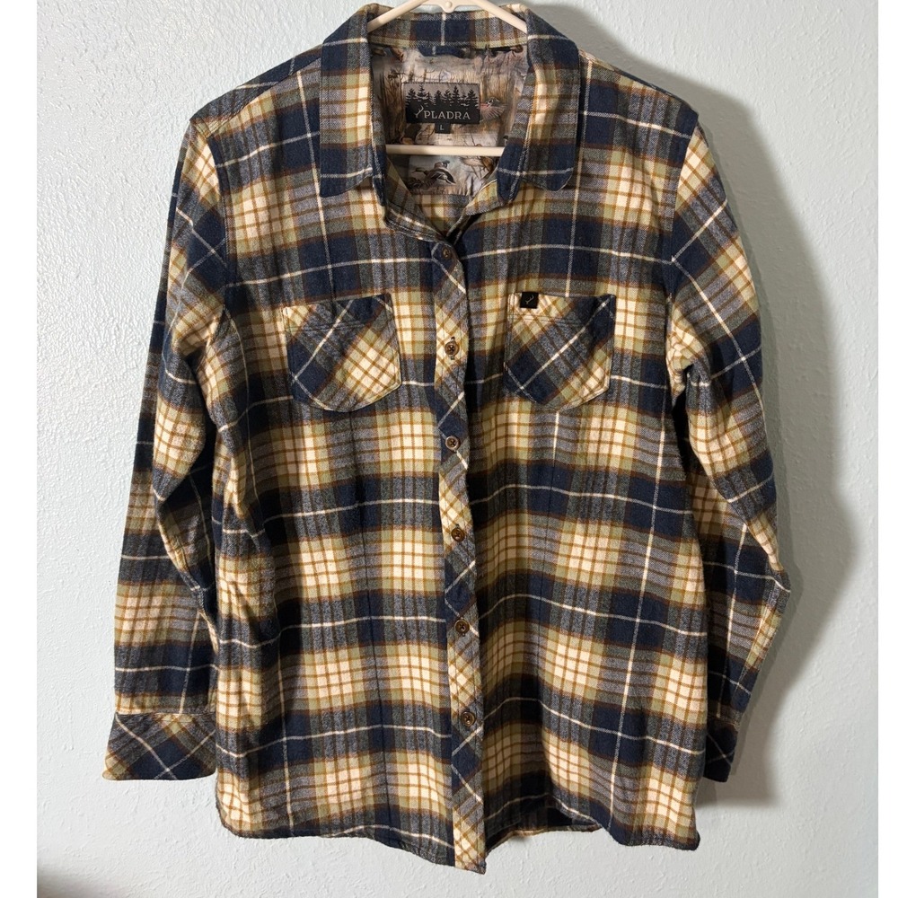 Pladra Womens Cotton Flannel Shirt Blue Tan Plaid Duck Print Lining L Gorpcore